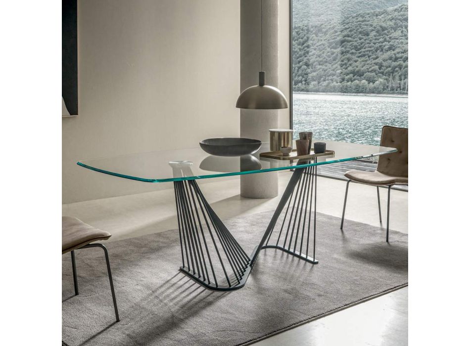 Eettafel met glazen blad en metalen touwen onderstel 2 maten - Alariko Viadurini