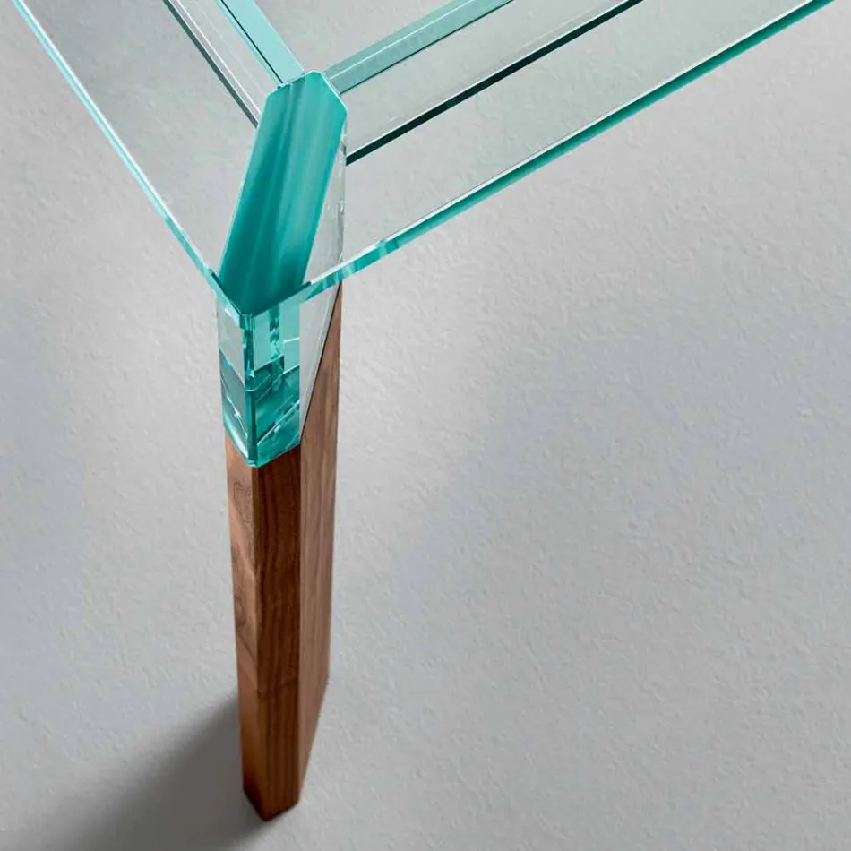 Eettafel glazen blad en massief houten onderstel Made in Italy - Presino Viadurini