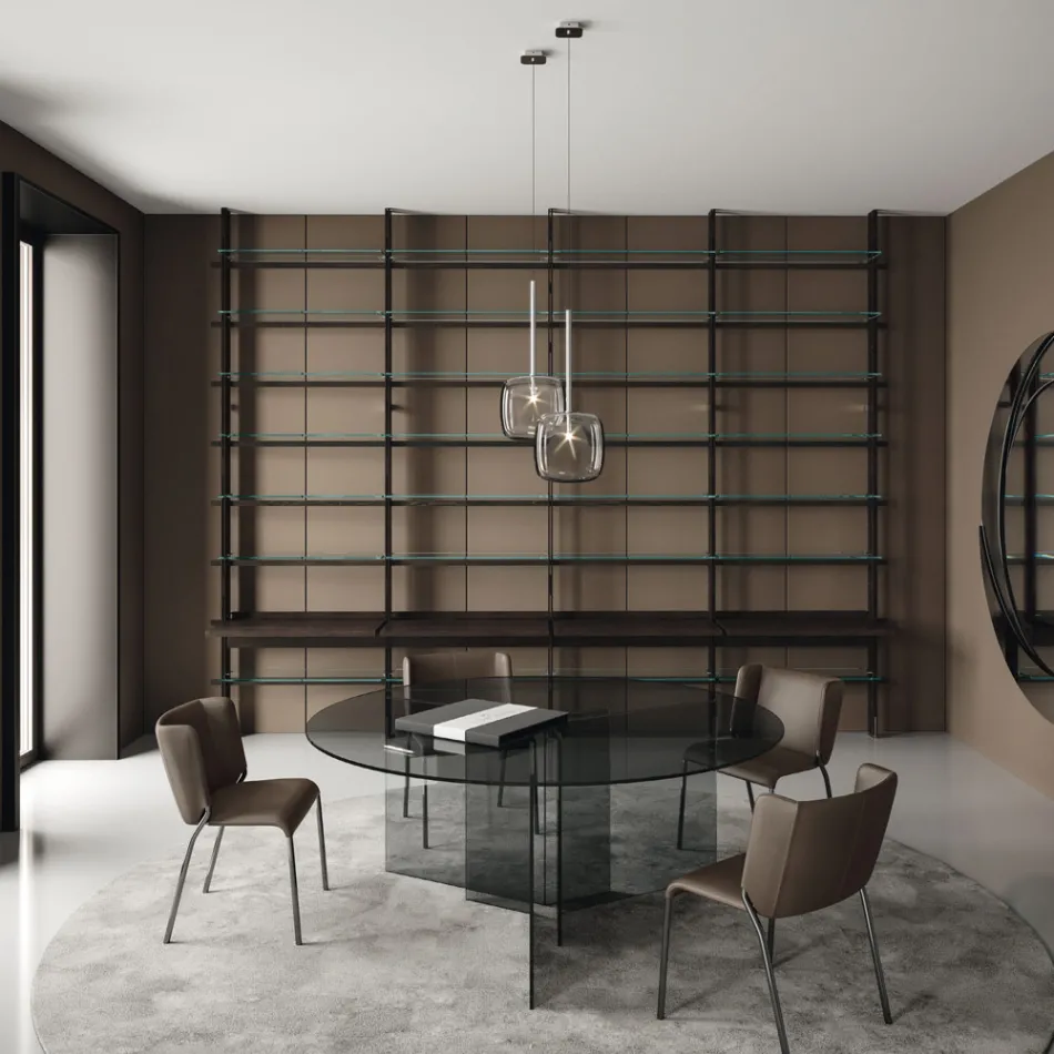 Ronde eettafel met onderstel en glazen blad Made in Italy - Charles Viadurini