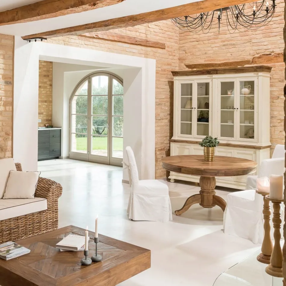 Ronde eettafel van gerecycled tropisch hout met centraal onderstel - glijbaan Viadurini