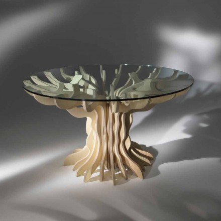 Ronde eetkamer houten tafel met gehard glas top Dalia Viadurini