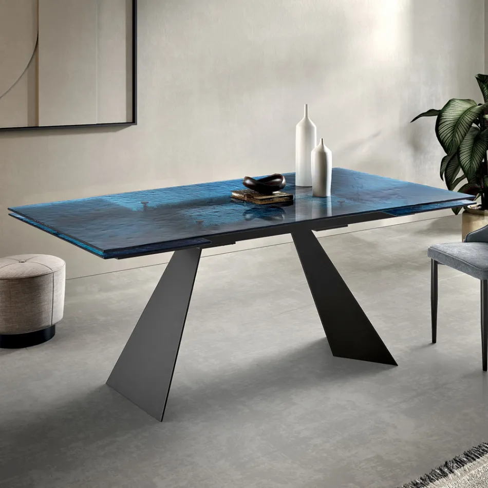 Woonkamertafel 160x90 met transparant blad van gehamerd glas - Martello Viadurini