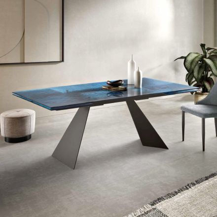 Woonkamertafel 160x90 met transparant gehamerd glazen blad - Martello Viadurini