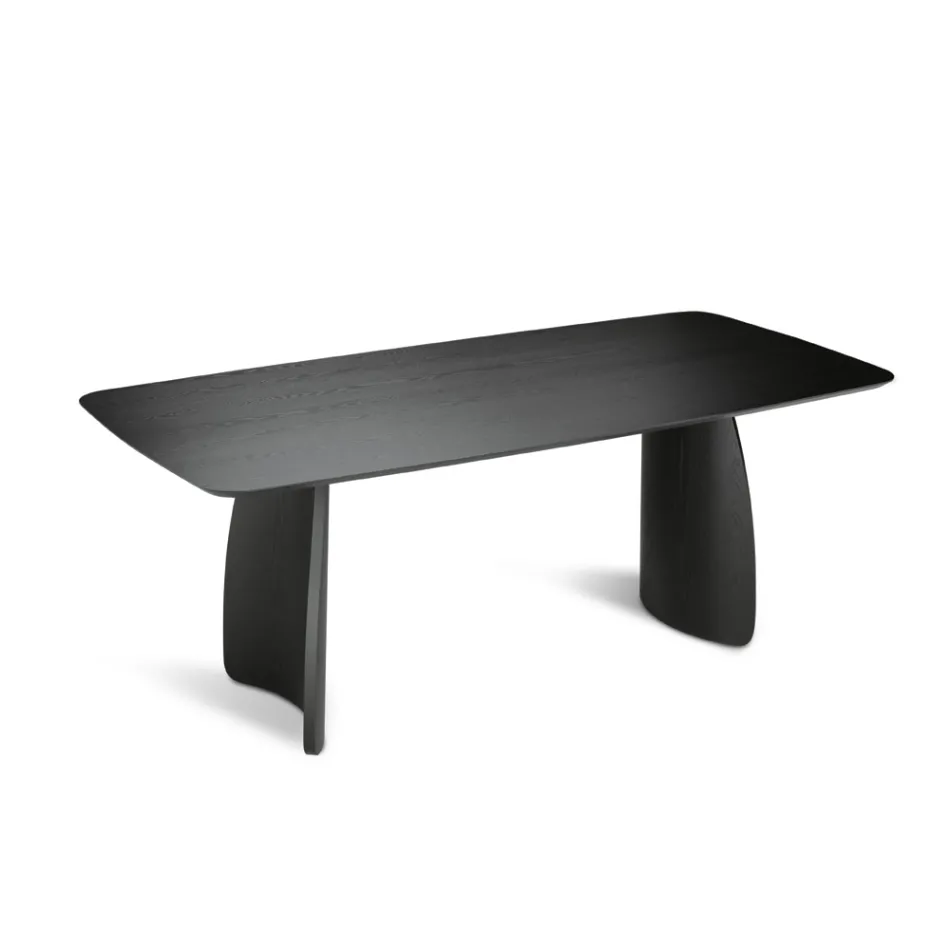 Tafel met houtlook en gebogen poten, verkrijgbaar in twee maten en diverse afwerkingen - Argo Viadurini