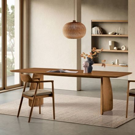 Tafel met houtlook en gebogen poten, verkrijgbaar in twee maten en diverse afwerkingen - Argo Viadurini
