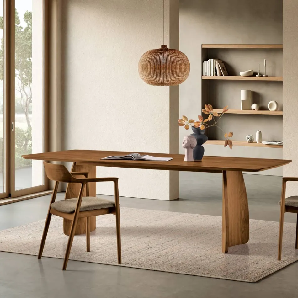 Tafel met houtlook en gebogen poten, verkrijgbaar in twee maten en diverse afwerkingen - Argo Viadurini