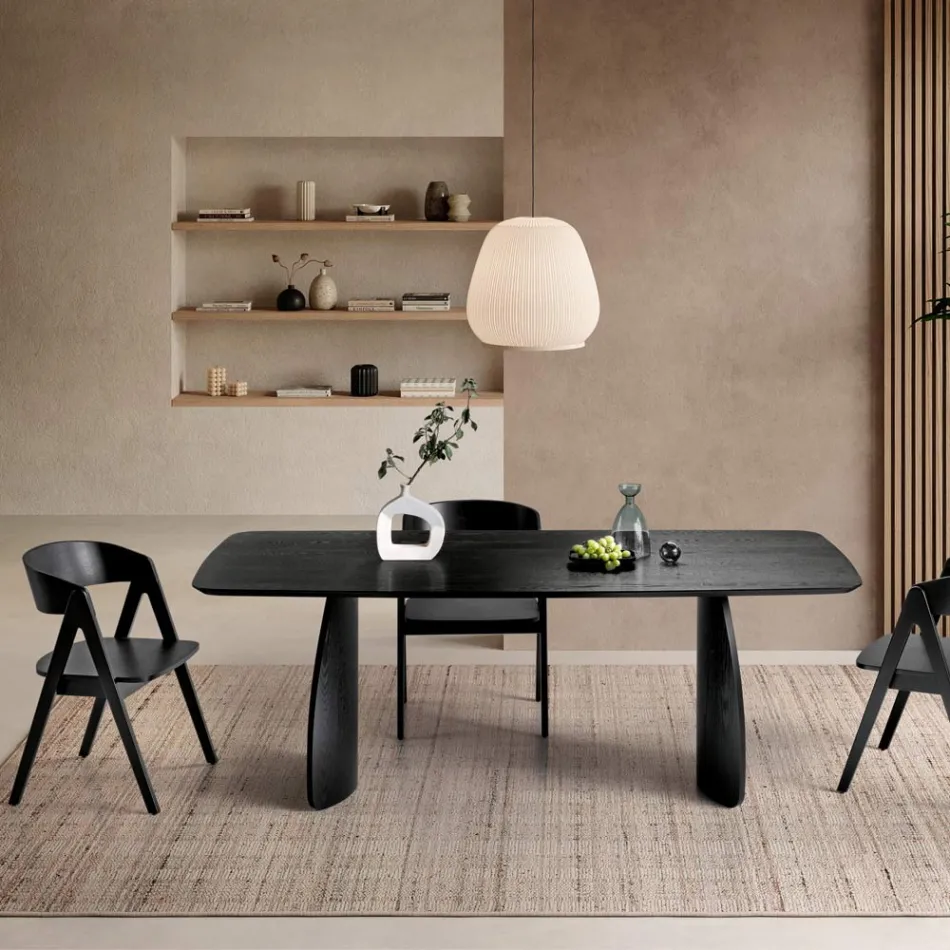 Tafel met houtlook en gebogen poten, verkrijgbaar in twee maten en diverse afwerkingen - Argo Viadurini