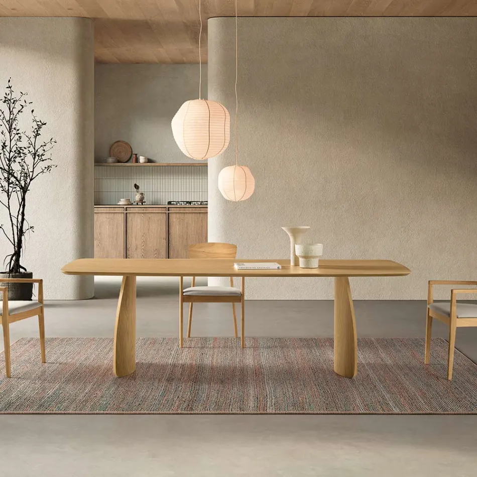 Tafel met houtlook en gebogen poten, verkrijgbaar in twee maten en diverse afwerkingen - Argo Viadurini