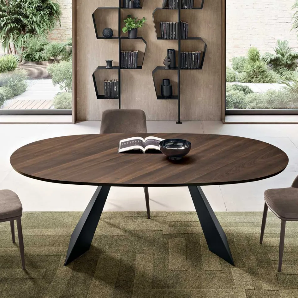 Vaste tafel 210x109 cm van metaal en ovaal gefineerd eikenhout - Marcello Viadurini