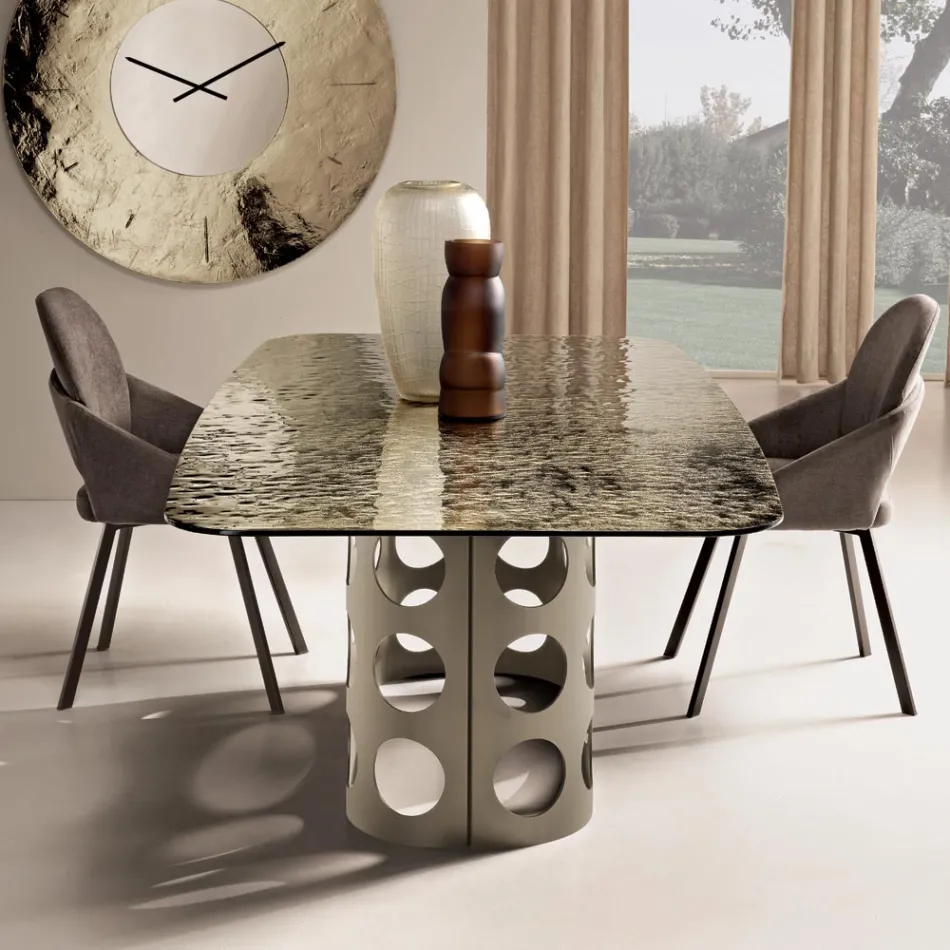 Vaste tafel 210x110 cm met blad van gehamerd glas, gemaakt in Italië - Tano Viadurini