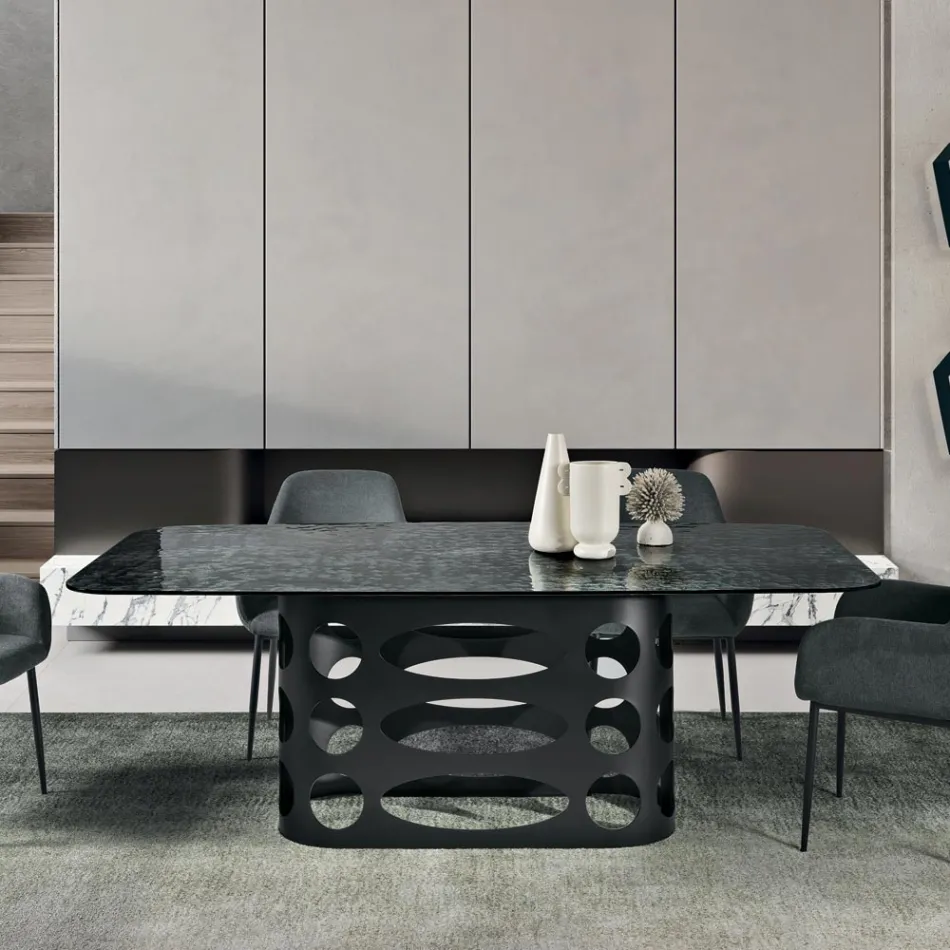 Vaste tafel 210x110 cm met blad van gehamerd glas, gemaakt in Italië - Tano Viadurini