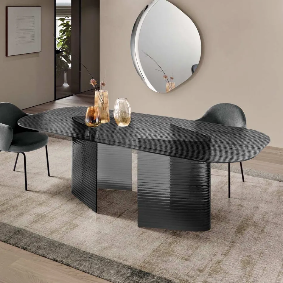 Vaste tafel 240x120 cm van transparant geribbeld glas, gemaakt in Italië - Varo Viadurini