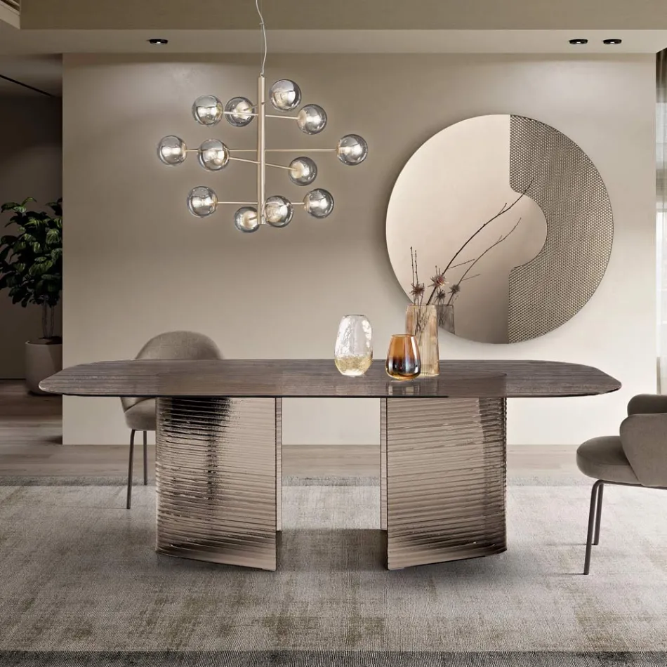 Vaste tafel 240x120 cm van transparant geribbeld glas, gemaakt in Italië - Varo Viadurini