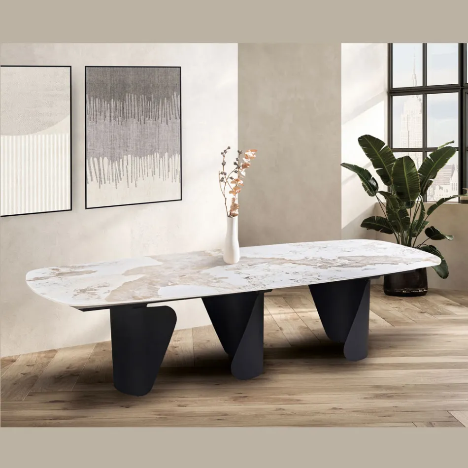 Vaste tafel 300x120 cm in metaal en gesinterd stenen blad - Valmira Viadurini