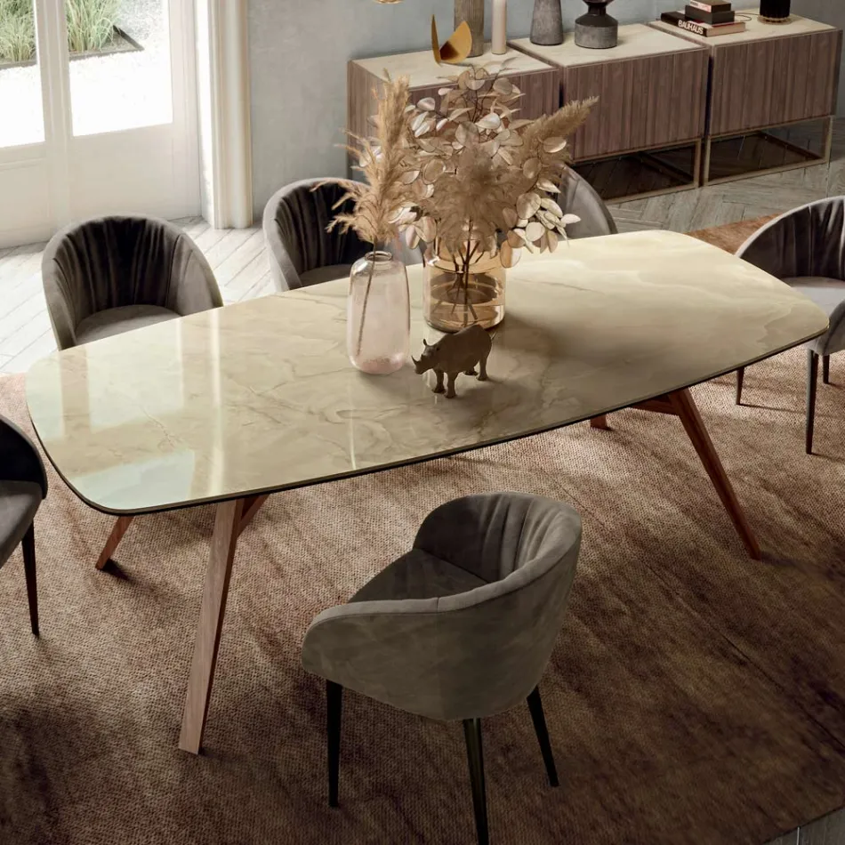 Vaste tonvormige tafel met Canaletto walnoot essen onderstel Made in Italy - Noord Viadurini