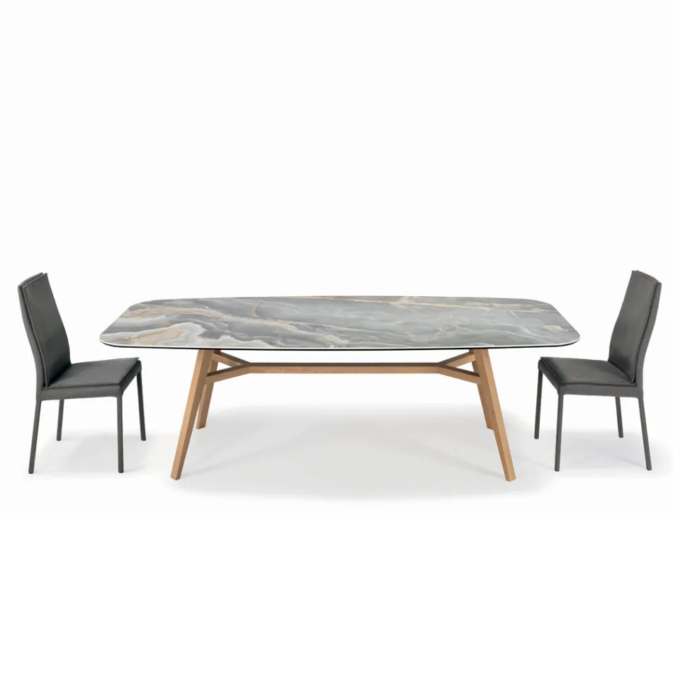 Vaste tonvormige tafel in keramiek en essenhout Made in Italy - Noord Viadurini