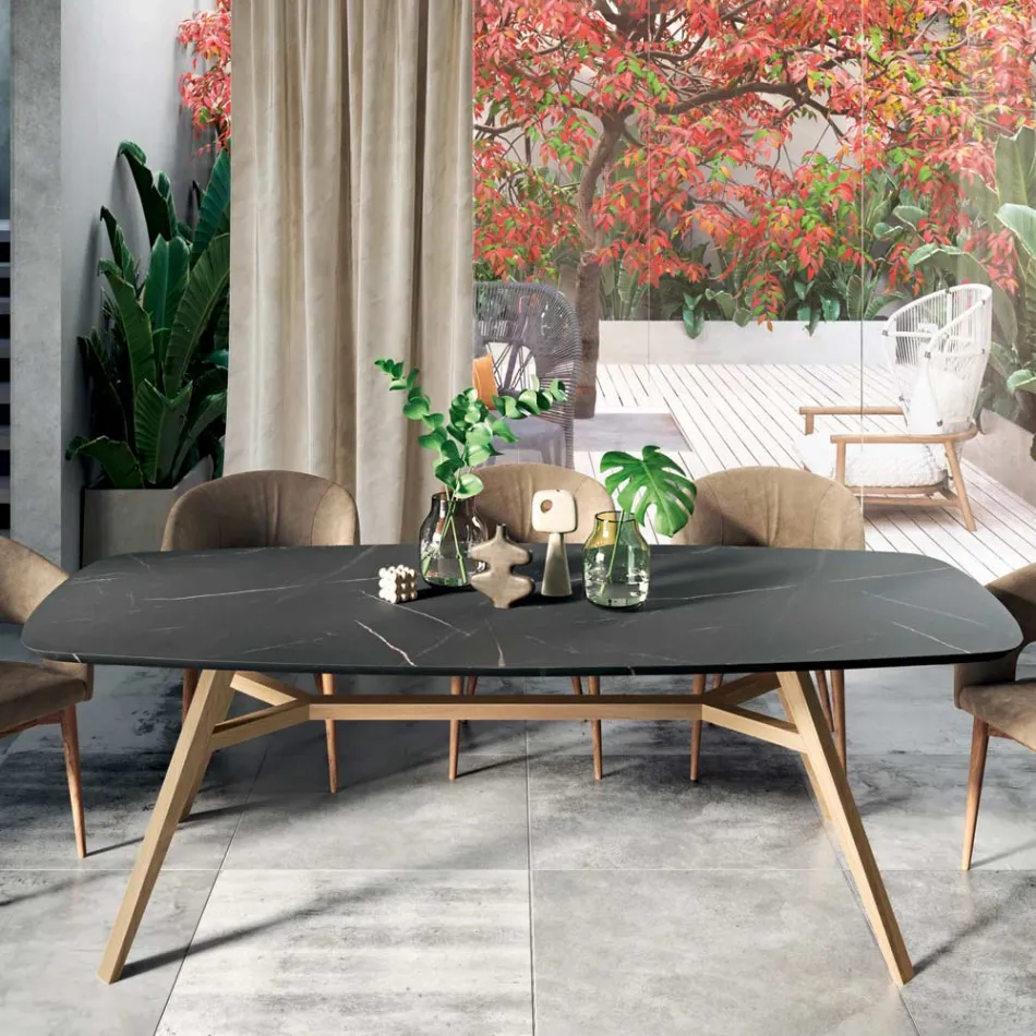 Vaste tonvormige tafel in laminaat en essenhout Made in Italy - Noord Viadurini