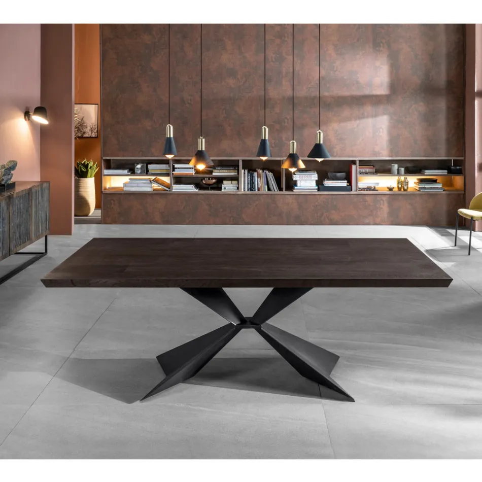 Vaste tafel met metalen onderstel en gefineerd eiken blad - Marineblauw Viadurini