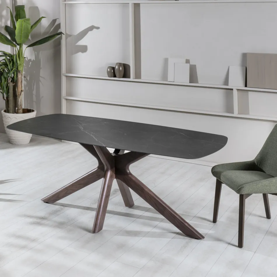 Vaste tafel met keramisch blad en massief walnoothouten onderstel - Oranje Viadurini