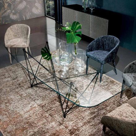 Vaste tafel met tonvormig glazen blad en stalen onderstel Made in Italy - Ezzellino Viadurini
