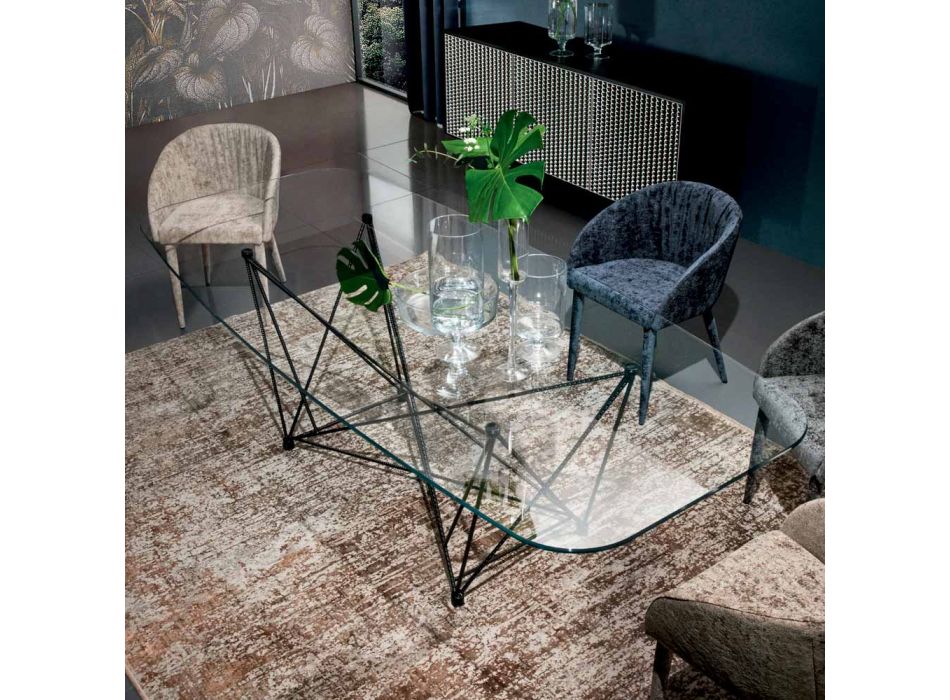 Vaste tafel met tonvormig glazen blad en stalen onderstel Made in Italy - Ezzellino Viadurini
