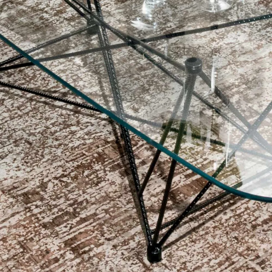 Vaste tafel met tonvormig glazen blad en stalen onderstel Made in Italy - Ezzellino Viadurini