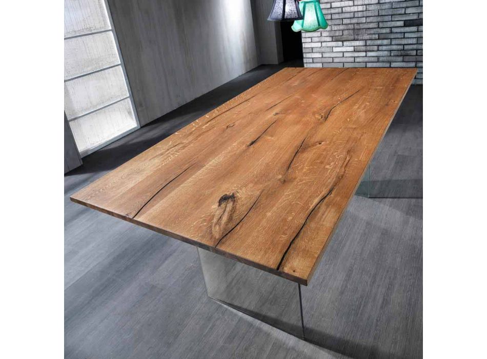 Vaste tafel in massief hout met poten in gehard glas Tito Viadurini