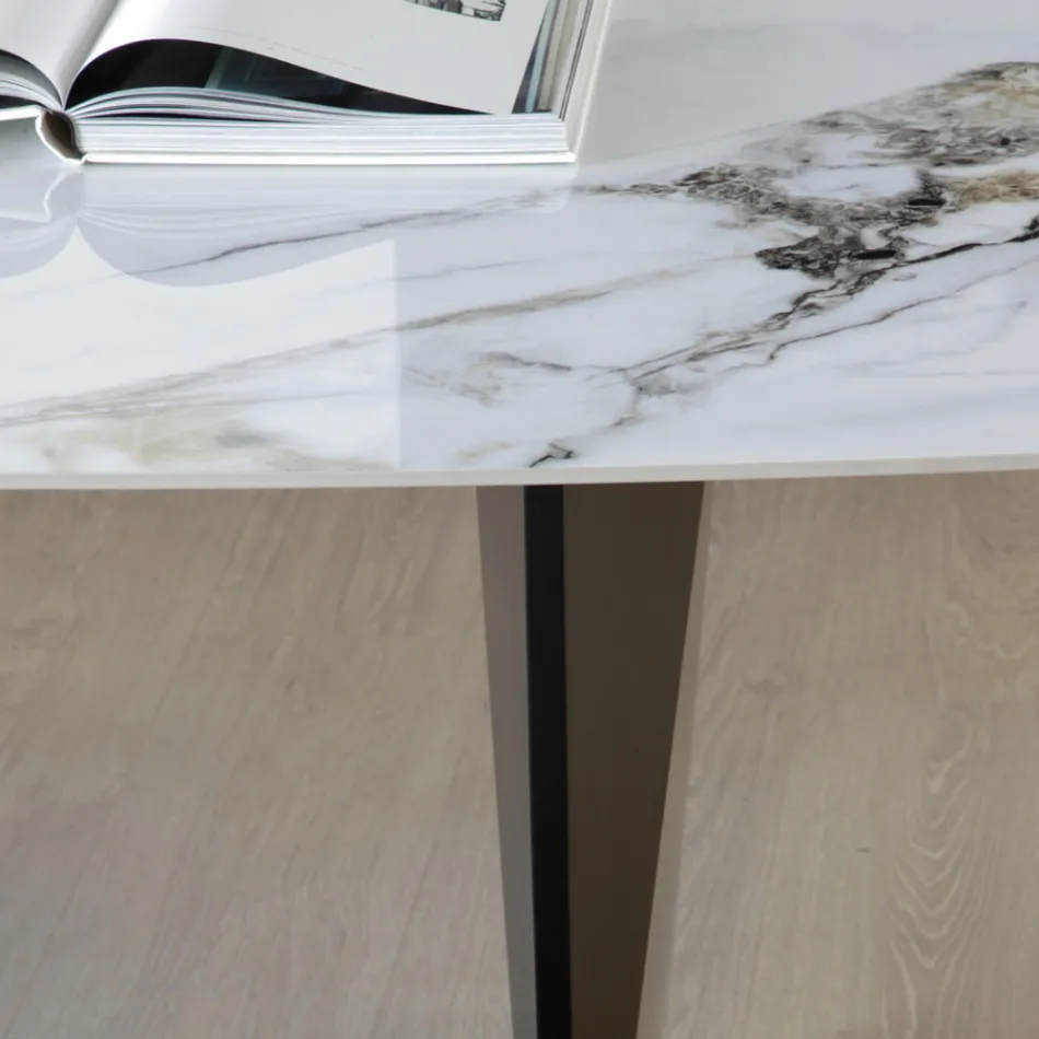 Vaste tafel in metaal en keramisch blad Arabesque glanzend - Eronte Viadurini