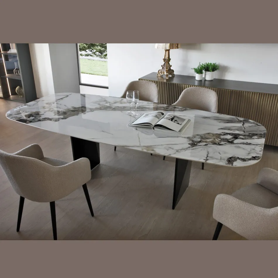 Vaste tafel in metaal en keramisch blad Arabesque glanzend - Eronte Viadurini