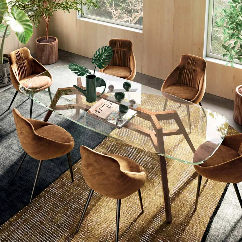 Vaste tafel in extra helder glas en essenhout Made in Italy - Noord Viadurini