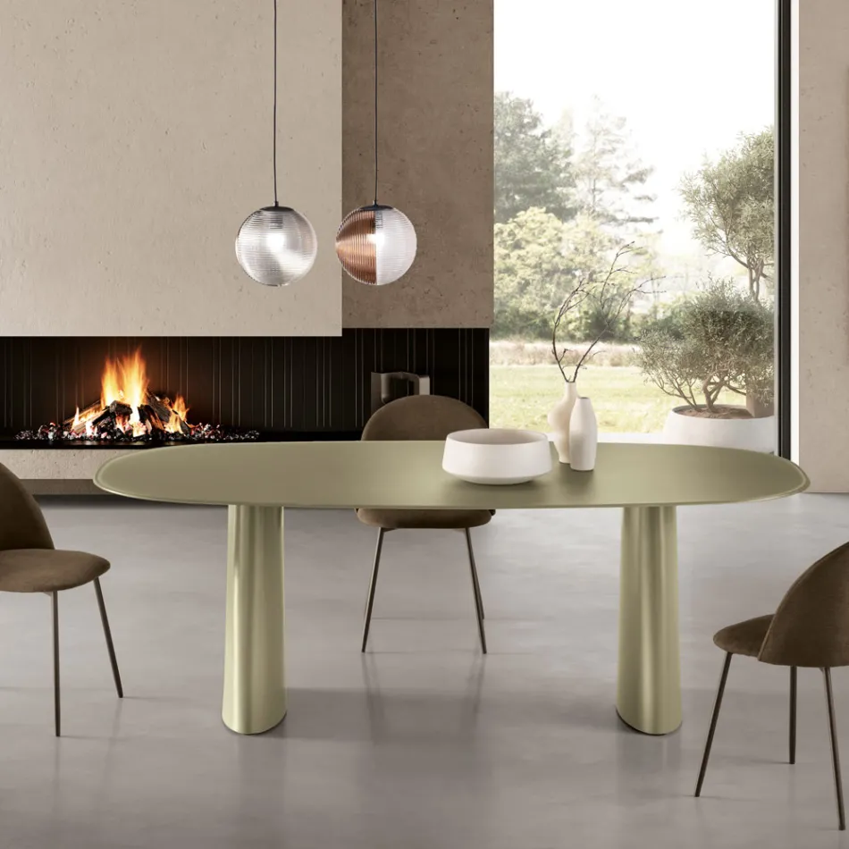 Vaste tafel voor tien personen met glazen blad en MDF-onderstel - Venia Viadurini