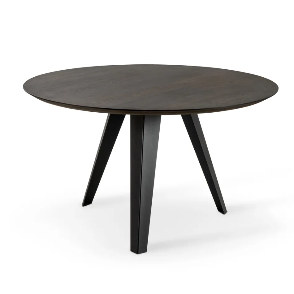 Vaste ronde tafel met eikenfineerblad en metalen onderstel - Cyclamen Viadurini