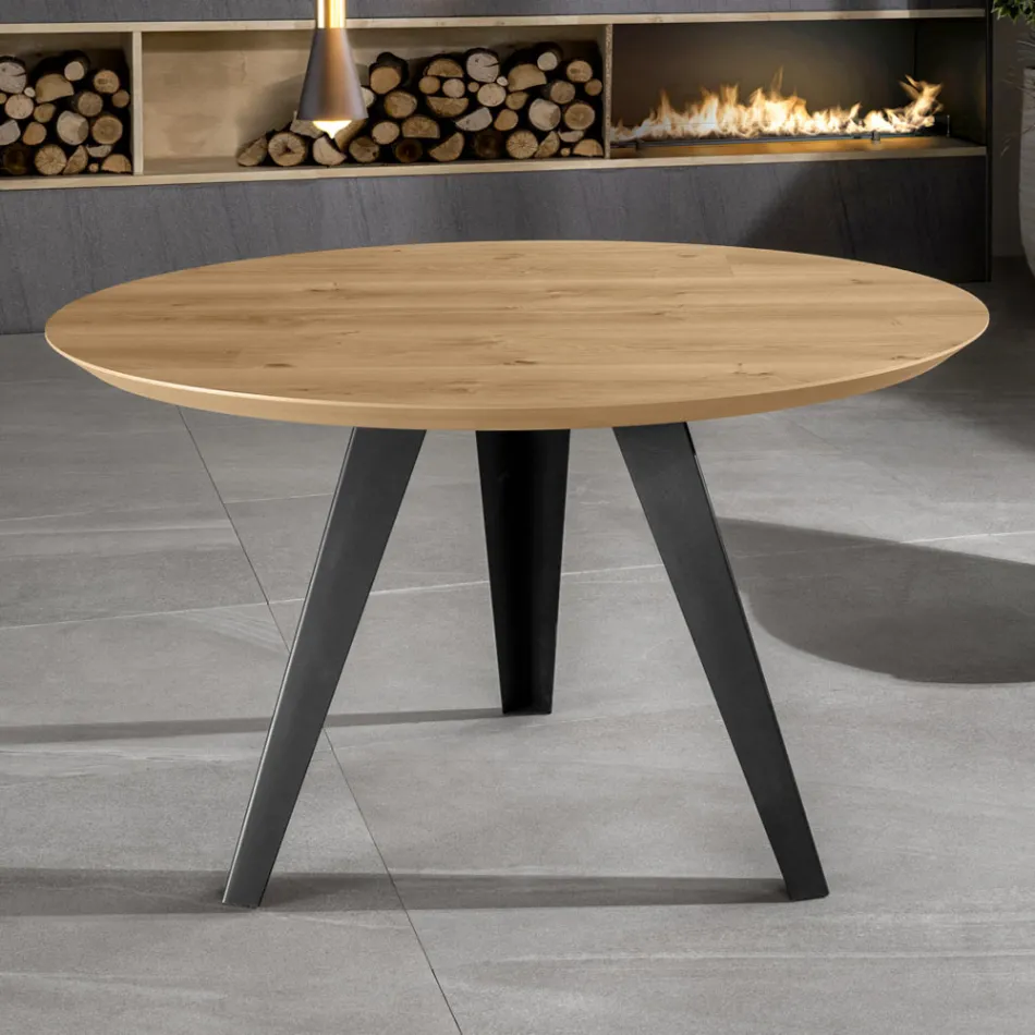 Vaste ronde tafel met eikenfineerblad en metalen onderstel - Cyclamen Viadurini