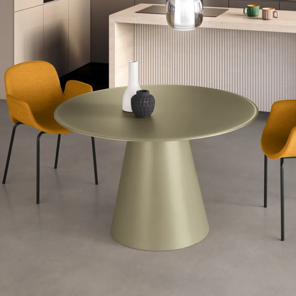 Vaste ronde tafel voor vier personen met MDF-onderstel en mat glas - Lumen Viadurini