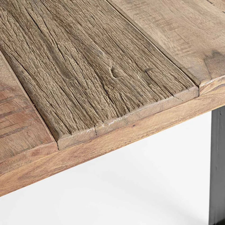 Tafel van acaciahout met gerecycled inzetstuk en Homemotion-staal - Zalma Viadurini