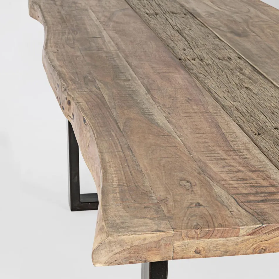 Tafel van acaciahout met gerecycled inzetstuk en Homemotion-staal - Zalma Viadurini