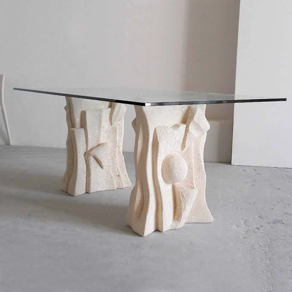 Stenen tafel met modern design kristalglas Priamo Viadurini
