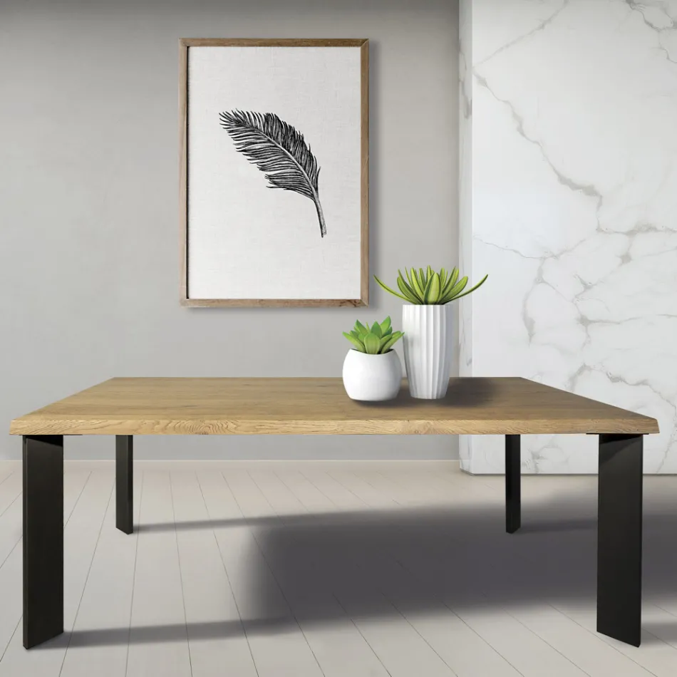 Tafel in geknoopt Masellato eikenhout en metalen poten Made in Italy - Vicente Viadurini