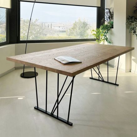 Vierkante geknoopte eikenhouten tafel en metalen onderstel Made in Italy - Consuelo Viadurini