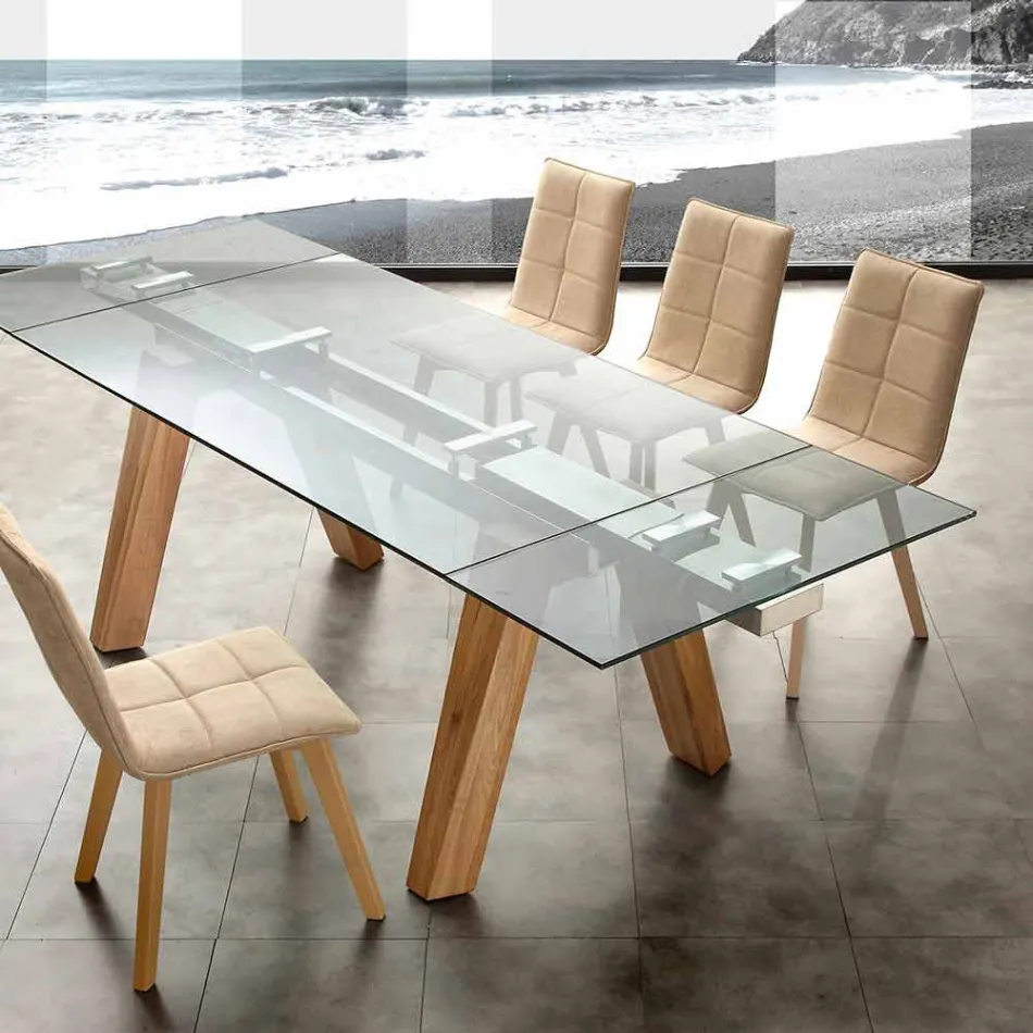 moderne eettafel in glas en natuurlijk hout Florida Viadurini