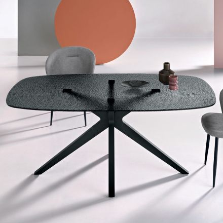 Ovale tafel van 180x100 cm in gerookt gehamerd glas en metaal - Domus Viadurini