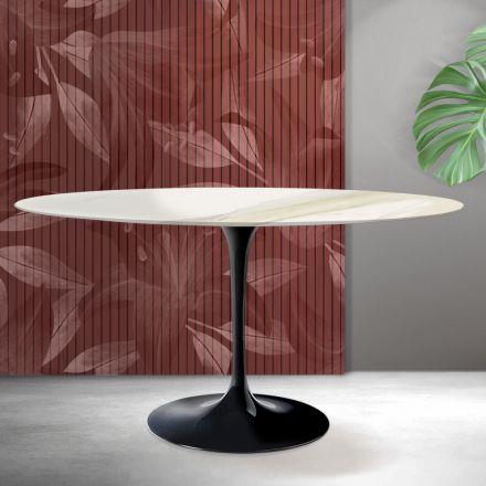Ovale Tulip Saarinen tafel H 74 cm in Florim Calacatta Gold mat keramiek - Scharlakenrood Viadurini
