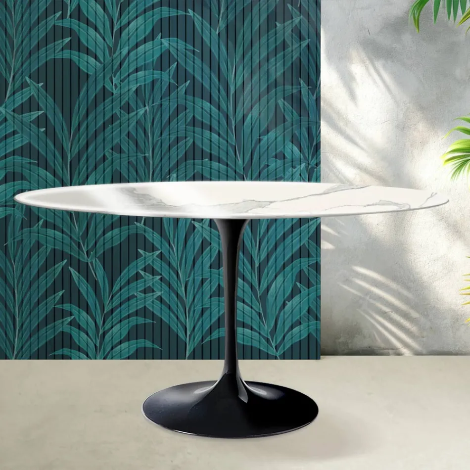 Ovale Tulp Saarinen Tafel H 74 cm in Florim Statuario Lucido Keramiek - Scharlaken Viadurini