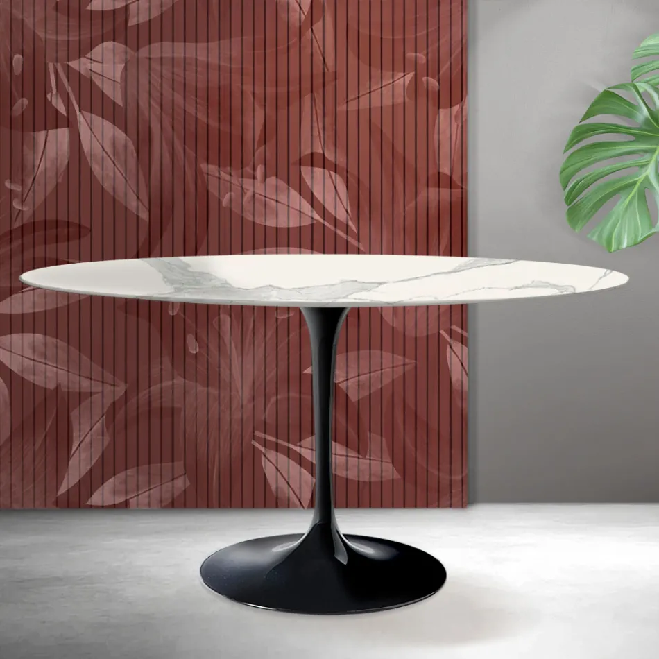 Ovale Tulip Saarinen tafel H 74 cm in mat Florim Statuario keramiek - Scharlakenrood Viadurini