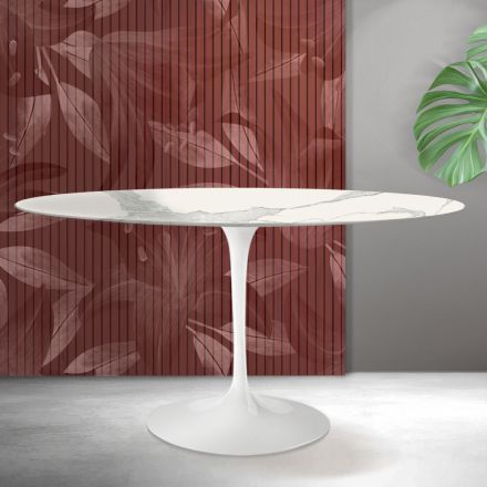 Ovale Tulip Saarinen tafel H 74 cm in mat Florim Statuario keramiek - Scharlakenrood Viadurini