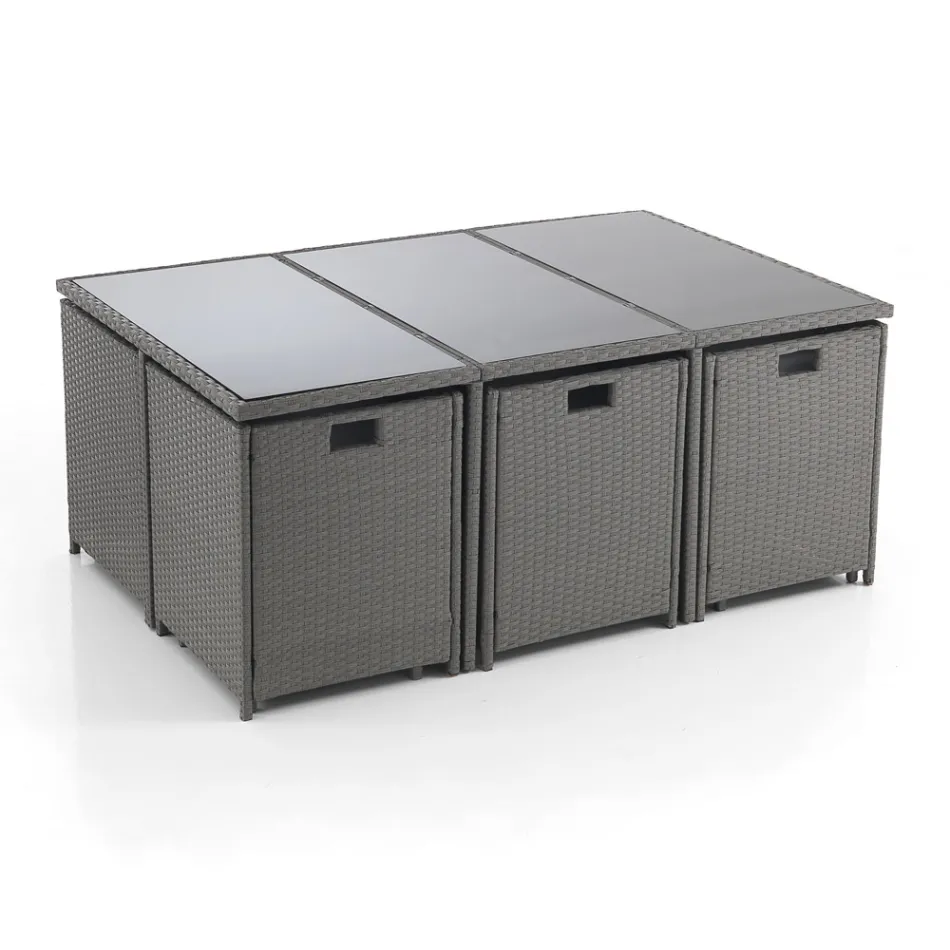 Binnen- en buitentafel met 6 stoelen met verstelbare rugleuning en 4 poefs - Venir Viadurini