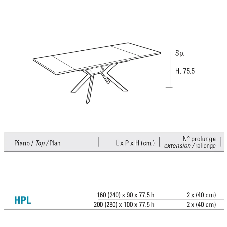 Rechthoekige tafel uitschuifbaar tot 240 of 280 cm in HPL en metaal - Heden Viadurini