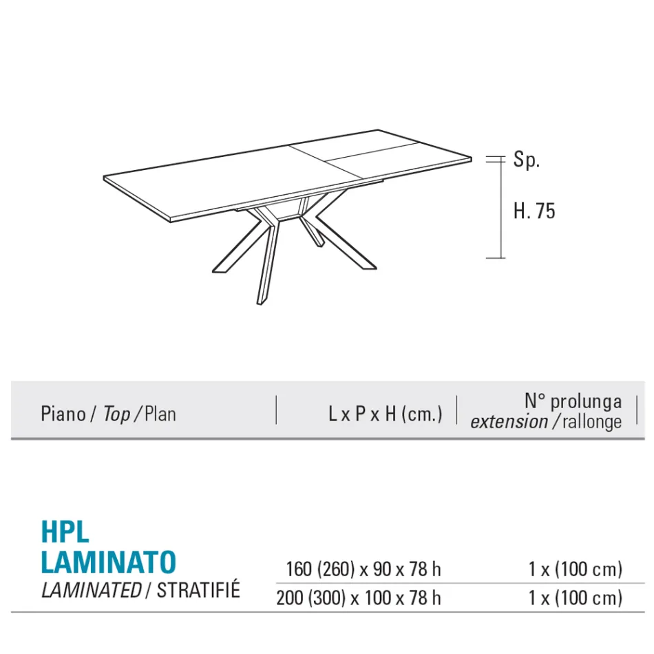 Rechthoekige tafel uitschuifbaar tot 260 of 300 cm in HPL en metaal - Charmy Viadurini