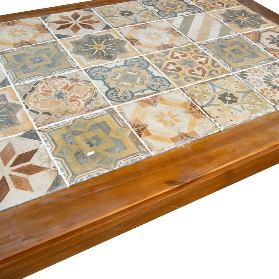 Rechthoekige tafel van acaciahout en keramisch blad - Technisch Viadurini