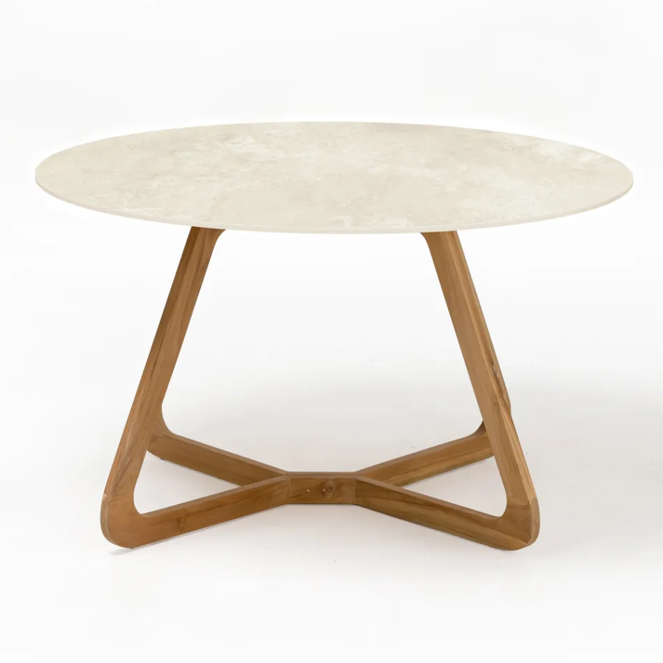Ronde buitentafel in Chianca-keramiek van Ostuni Made in Italy - Pegaso Viadurini